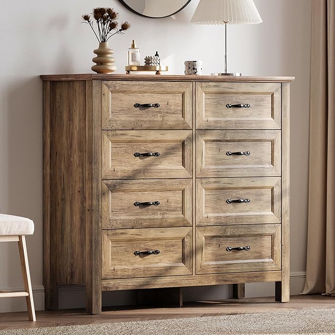 LINSY HOME Updated Dresser for Bedroom with 8 Drawers, Wide Chest of Drawers, Wooden Bedroom Dresser with 1 pcs Fabric Divider Organizer, Storage Organizer for Closet, Living Room, Rustic Oak