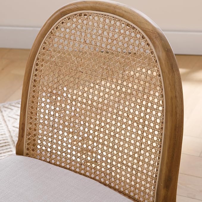 Upholstered Wooden Dining Chairs Set of 6, Farmhouse Kitchen & Dining Room Chairs with Cane Back, Accent Dining Table Chairs Beige Linen Seat for Kitchen/Restaurant/Living Room, Beige