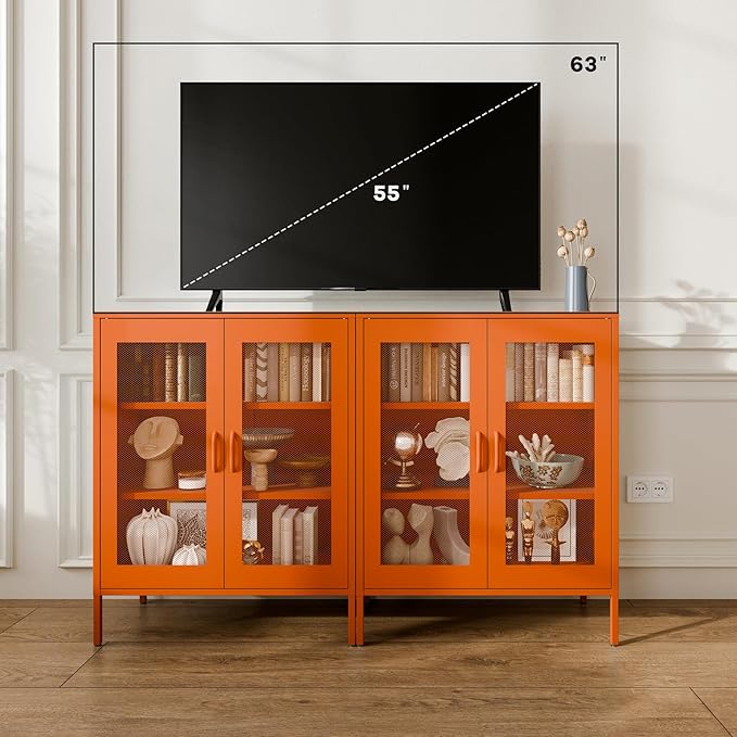 Orange Metal Cabinet,Bathroom Floor Storage Cabinets,40" H Small Orange Locker Cabinets with 2 Adjustable Shelves & 2 Doors