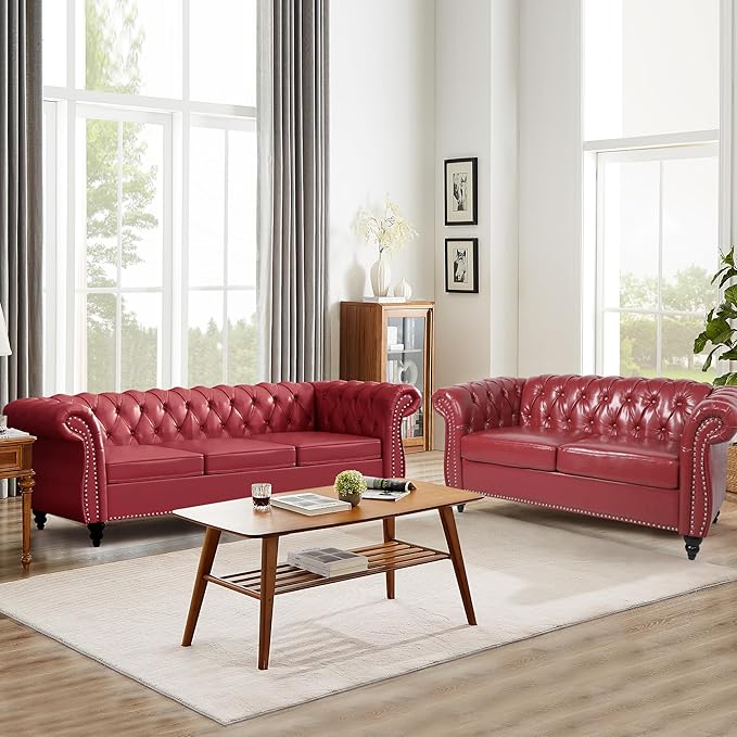 Home Sofa Living Room Furniture, 3 Seater Leather Upholstered Sofa Couch, Modern Comfy Couch with Faux Leather Cushions, Mid Century Tufted Chesterfield Sofas for Bedroom, Office, Apartment (Wine Red)