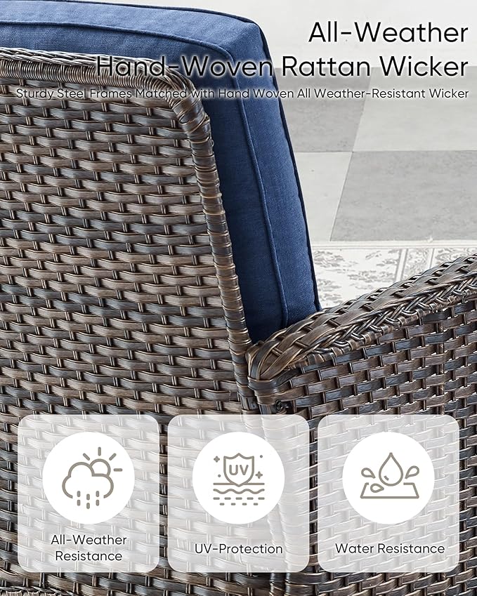 HUMMUH Outdoor Patio Couch-Outdoor Rattan Couch with Thick Cushions Outdoor Sofa for Deck Lawn Porch Balcony Poolside-Brown/Blue