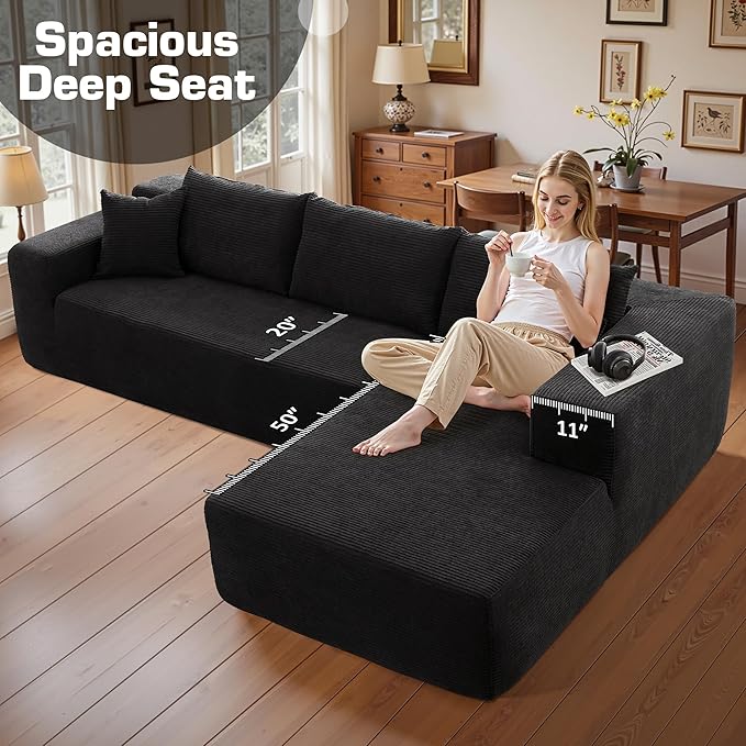 106" Cloud Sectional Couch with Chaise Lounge,L Shaped Modular Modern Sofa,Comfy Corduroy Fluffy Sofa with Deep Seat,No Assembly Required Couch for Living Room(Right,Stripe Corduroy,Black)