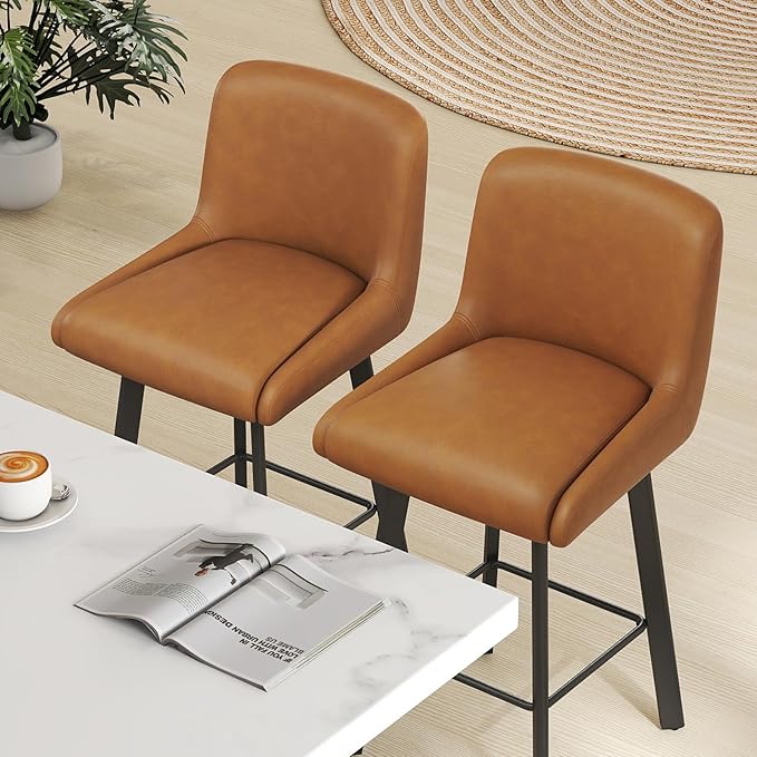 Swivel Counter Height Bar Stools Set of 4, 30''H Upholstered Barstools with Backs, Modern Bar Stool Chairs for Kitchen Island, Metal Legs, Faux Leather, Whiskey Brown Stools Counter Chair