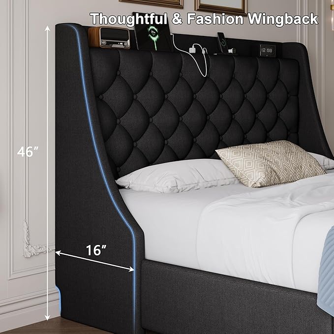 Queen Size Upholstered Platform Bed Frame with 4 Storage Drawers and Charging Station, Linen Button Tufted Wingback Headboard, Sturdy Wooden Support Slats, No Box Spring Needed, Black