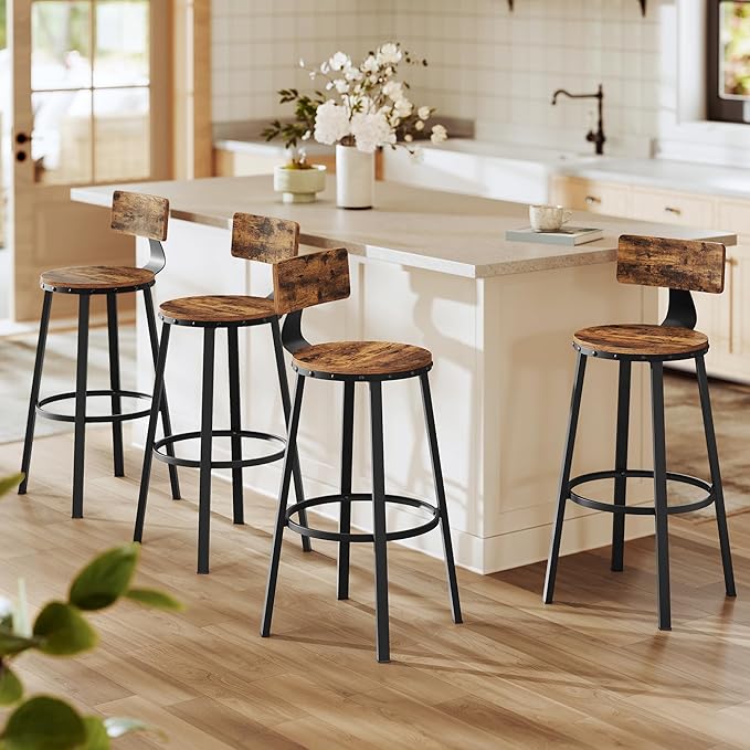 VASAGLE Bar Stools Set of 4, Bar Height Stools, 28.9 Inches Counter Barstools Chairs with Back for Dining Kitchen Island, Steel Frame, Industrial Style, Easy Assembly, Rustic Brown and Ink Black