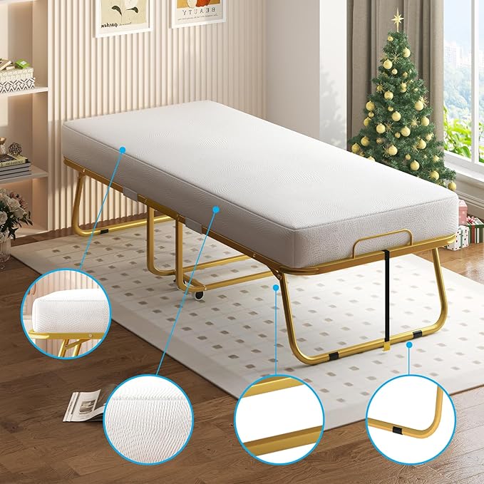 Mjkone Folding Bed with 4-Inch Mattress, 75x31 Inch Portable Rollaway Bed for Adults, Space Saving Design & Locking Wheels