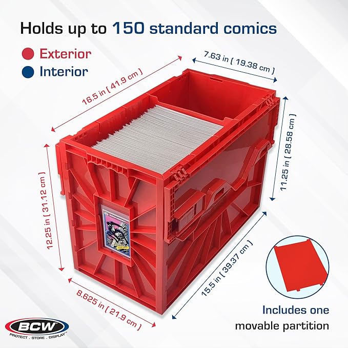 BCW Short Comic Book Bin | Holds 150 Comics | Stackable Plastic Storage | Acid-Free Organizer | Red, 5 Pack