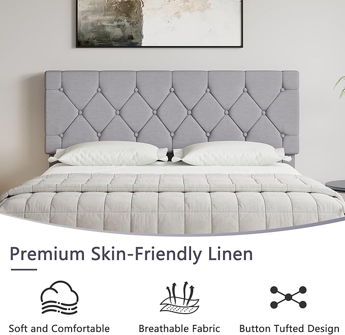 VECELO Full Bed Frame with Headboard, Upholstered Platform Bedframe with Wooden Slat Support, Button Tufted Design, No Box Spring Needed, Linen Grey
