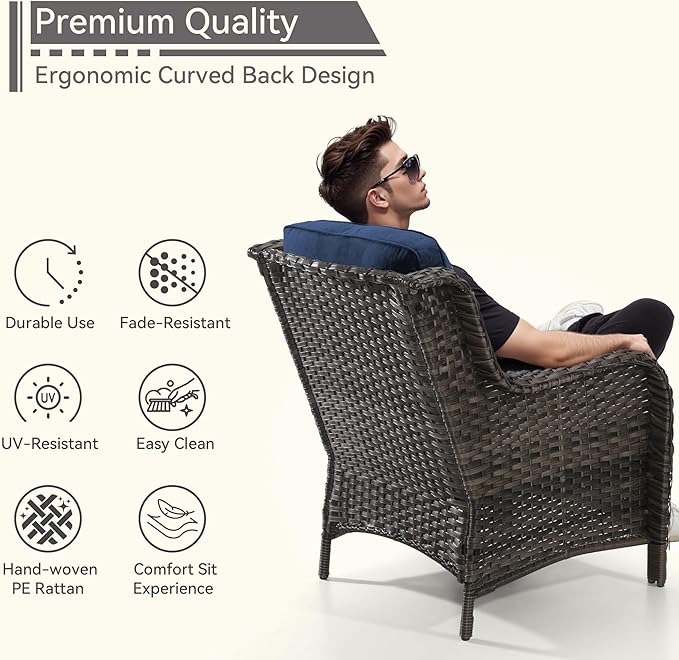 Patio Wicker Chairs Set of 2, Patio Rattan Dining Chairs with 3.5-inch Seat Cushions, High Back and Curved Armrest for Garden, Backyard, Balcony and Deck, Blue