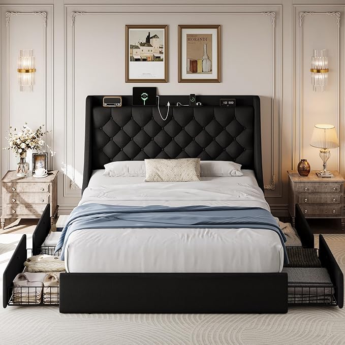 Queen Size Upholstered Platform Bed Frame with 4 Storage Drawers and Charging Station, Linen Button Tufted Wingback Headboard, Sturdy Wooden Support Slats, No Box Spring Needed, Black