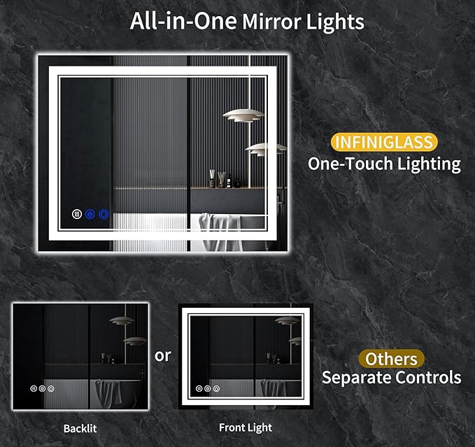 55"x36" LED Bathroom Mirror with Anti-Fog, Stepless Dimmable Lights, 3 Color Modes, Shatter-Proof Tempered Glass, Memory Function & Waterproof Design