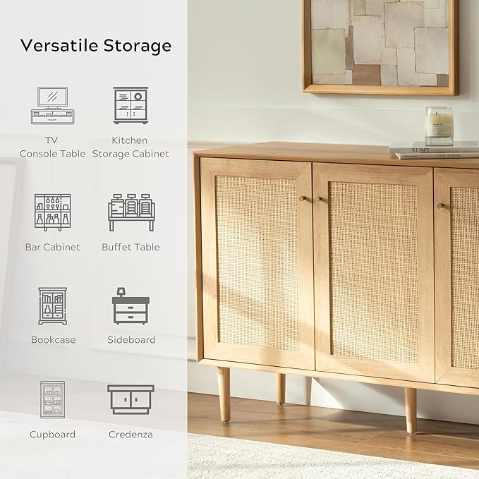 Rattan Storage Cabinet with 3 Doors, Boho Sideboard Buffet Cabinet Solid Wood Farmhouse Credenza Cabinet with Adjustable Shelves for Living Room Kitchen Entryway Hallway, Natural Oak