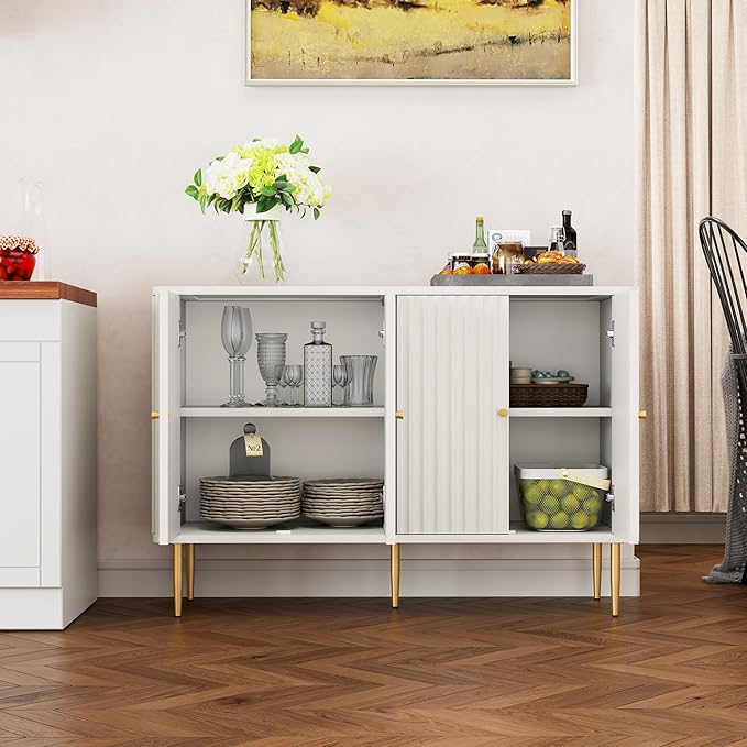 HLR Sideboard Buffet Cabinet, 48" Modern Accent Cabinet with 4 Door and Removable Shelves, Credenza with Storage for Living Room, Dinning Room, Entryway, White