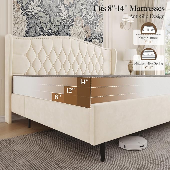 Belffin Queen Bed Frame with Headboard, Luxury Upholstered Velvet Platform Bed with Wingback, Button Tufted & Nailhead Trim, Anti-Slide Tall Footboard, No Box Spring Needed, Noise-Free, Beige
