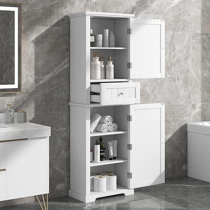 Tall Storage Cabinet, Bathroom Floor Freestanding Storage Cabinet with 2 Doors, One Drawer, and Adjustable Shelf for Bathroom, Office, Living Room, White