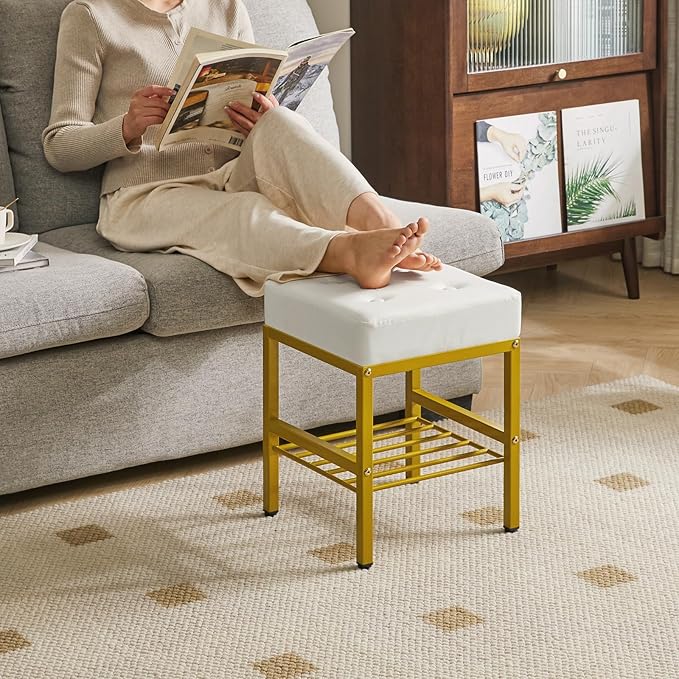 IBUYKE Square Makeup Stool with Adjustable Feet and Storage Space, Footrest Chair, PU Vanity Seat, Multi-Use as Small Side Table or Ottoman, for Bedroom, White LG-60W