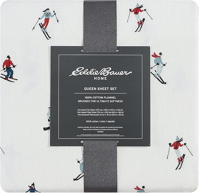 Eddie Bauer - Flannel Sheets King Size, Anti-Pilling & Wrinkle Resistant Cotton, Touchably Soft for All-Season Comfort - Bed Sheets with Matching Pillowcases & Fitted Sheet (Ski Slope)