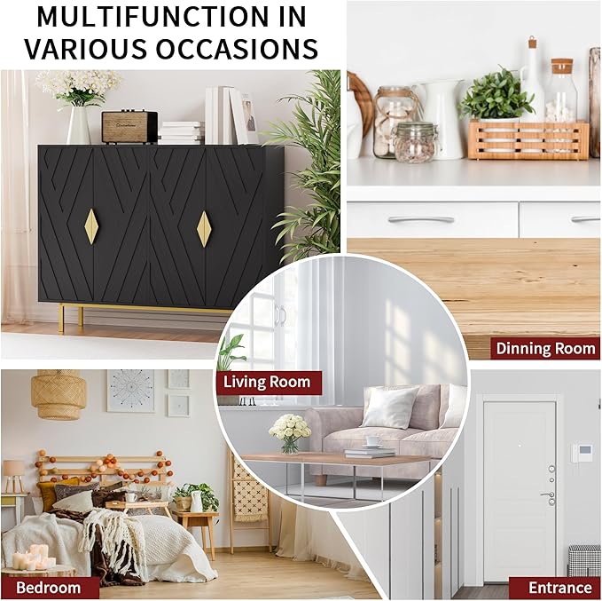 Sideboard Buffet Cabinets with Storage, 47.2" Mid-Century Modern Storage Cabinets with Adjustable Shelves, Relief 4 Doors Accent Cabinets, Wood Console Cabinet for Dining Living Room, Entryway, Black