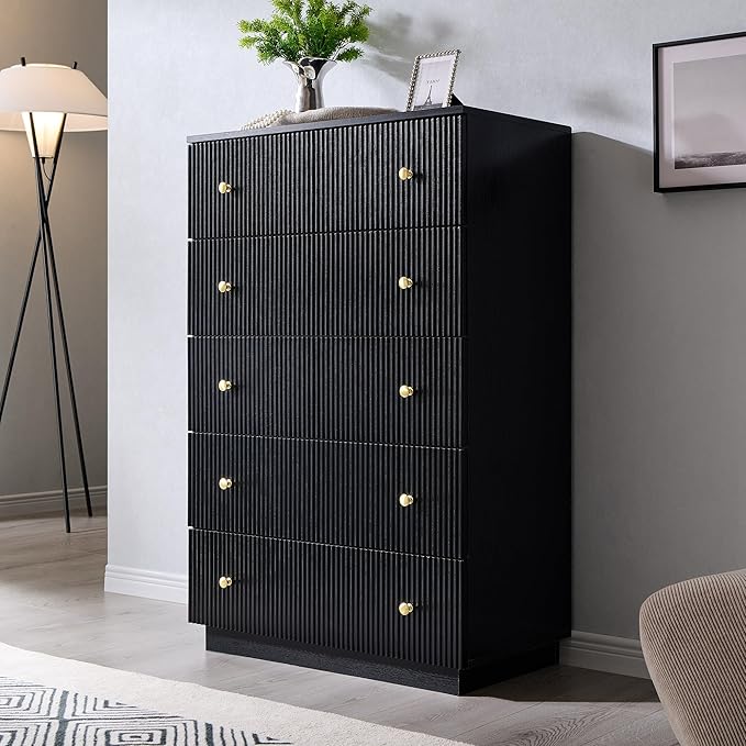 Fluted Dresser for Bedroom, Black 5 Drawer Dressers, Wood Tall Dresser Storage Organizer, Chest of Drawers with Deep Storage, Modern Bedroom Chest for Closet Hallway, Entryway, Living Room