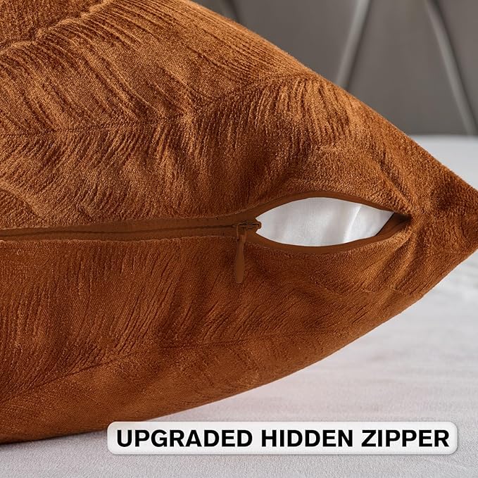 FUTEI Rust Velvet Throw Pillow Covers 22x22 Inch Set of 2,Soft Embossed Leaf-Relief Textured Cushion Cases,Natural Home Decor for Couch Living Room