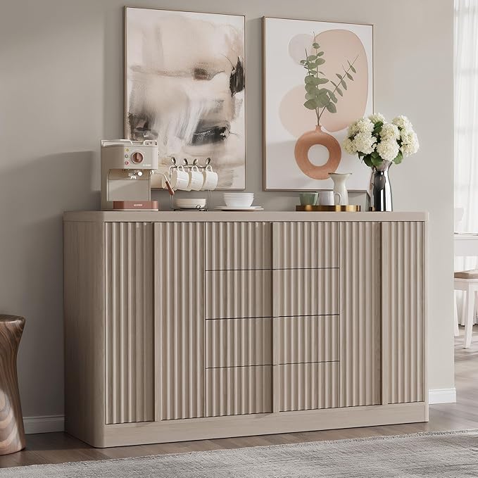 Buffet Cabinet with Storage, 60" Fluted Sideboard with 4 Drawers & 2 Door–Modern Accent Buffet Cabinet with Adjustable Shelves, Credenza Storage Cabinet for Kitchen Living Room, White Alder(1PC)