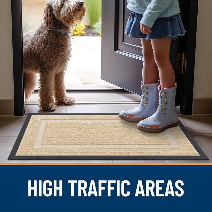 OLANLY Front Door Mat Indoor Outdoor Entrance, Waterproof All-Season, All-Weather Doormat, Sturdy Natural Rubber, Fade Resistant, Low Profile, Easy Clean Patio Porch Entryway Mat, 47x23, Beige