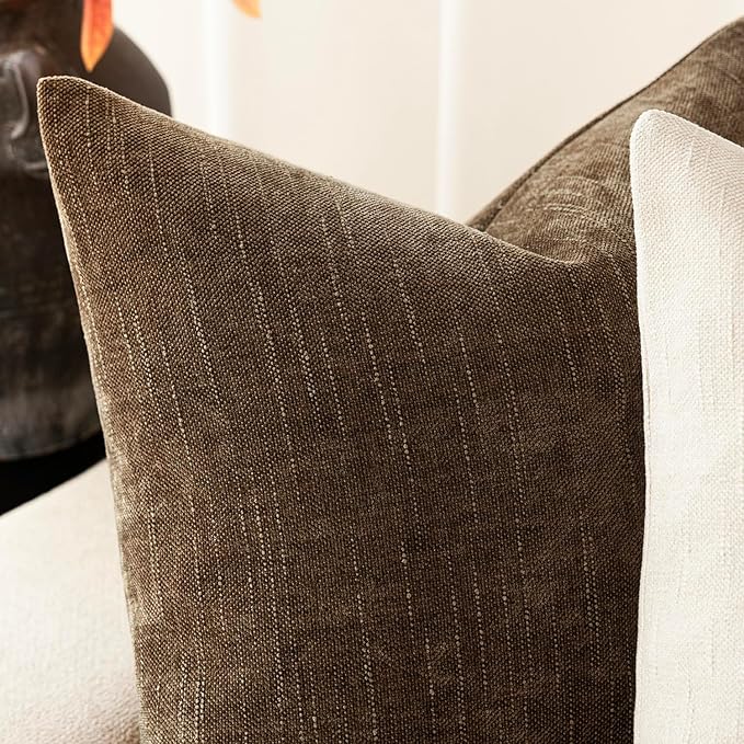 Foindtower Pack of 2 Soft Textured Chenille Throw Decorative Pillow Covers Square Accent Solid Cushion Cover Neutral Farmhouse Pillow Case for Couch Sofa Bedroom Living Room 22x22 Inch,Taupe Brown