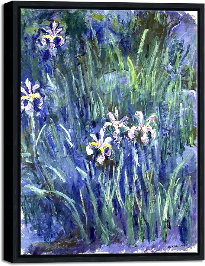 Wieco Art Framed Canvas Wall Art Irises by Claude Monet Oil Paintings Reproduction Landscape Pictures Artwork on Canvas Art Prints for Living Room Decorations and Wall Decor