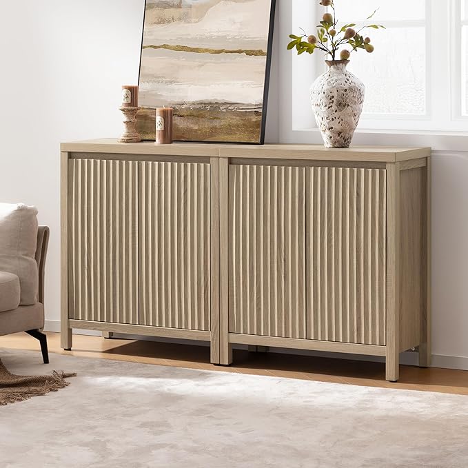 SICOTAS Sideboard Buffet Cabinet with Storage, Fluted Credenza Console Cabinet with Adjustable Shelves, Farmhouse Coffee Bar Storage Cabinets for Kitchen, Living Room, Entryway, Light Oak