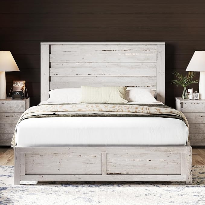 AMERLIFE Farmhouse Queen Size Bed Frame with 49" Fluted Headboard, Wood Platform Bed with Natural Grain, No Box Spring Needed/Noise Free, Distressed White
