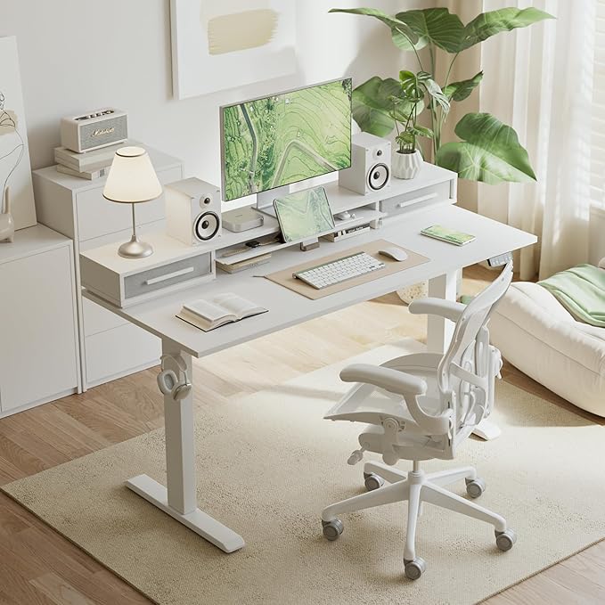 Agilestic 48 Inch Electric Standing Desk with Drawers, Adjustable Desk with Storage Shelf, Stand Up Home Office Computer Table, Splice Board, White