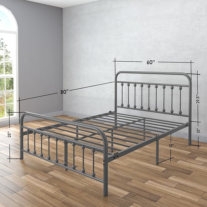 Golden Gate Beds Vintage Style Metal Bed Frame with Wrought Iron Headboard and Footboard, Classic Platform Bedframe Storage, No Box Spring Needed, Mattress Foundation, Silver, Queen Size