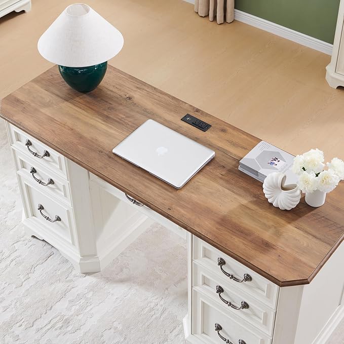 RedLemon 60" Executive Desk with Drawers,Wood Home Office Desk, Featuring Keyboard Tray,Charging Station,File Drawer, Storage Cabinet,for Work and Study (Antique White)