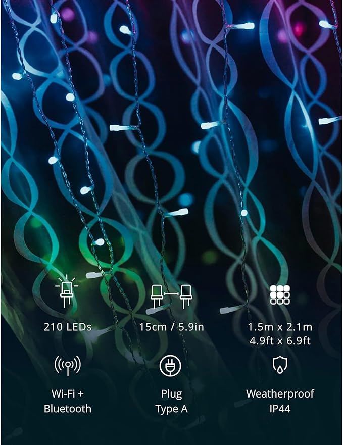 Twinkly Christmas Curtain Lights 210 RGB+W LEDs - App-Controlled, Sync with Music, Indoor & Outdoor Use, Compatible with Google Assistant, Amazon Alexa, Apple HomeKit, Bluetooth & WiFi Connectivity