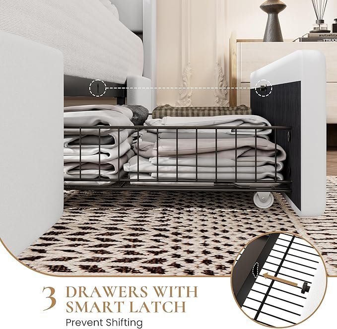 SHA CERLIN Full Size Bed Frame with 3 Drawers, USB & Type-C Charging Ports, Velvet Upholstered Platform Bed with Modern Geometric Wingback Storage Headboard, No Box Spring Needed, Easy Assembly, White