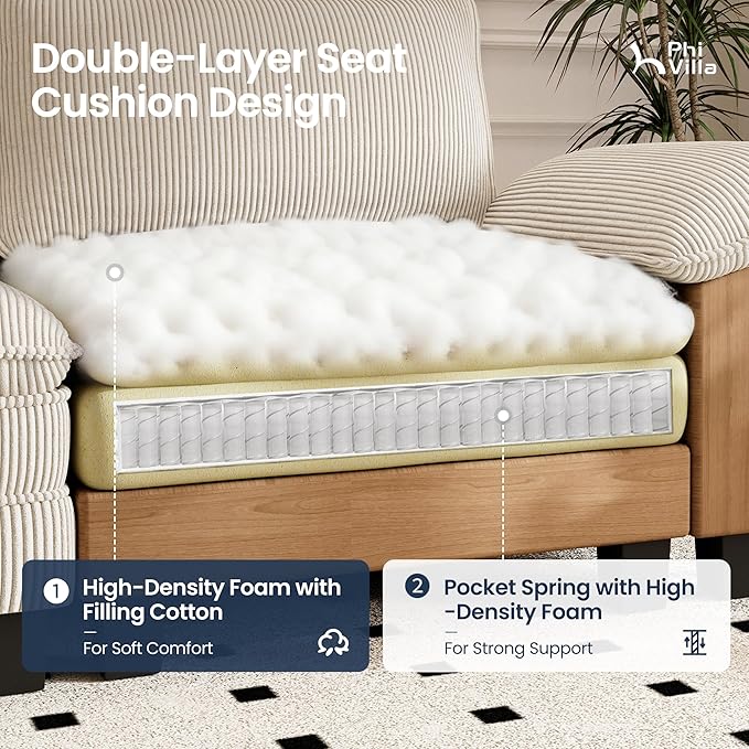 PHI VILLA Cloud Modular Couches Sets, 3 Pieces Large Sectional Sofa Set with Single Sofa, 5-Seater Upholstered Couch for Living Room, Corduroy, Beige
