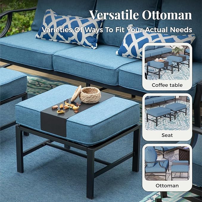 Patio Furniture Set, 6 Pcs Metal Outdoor Conversation Set, 2 Rocker Chairs, 2 Ottomans and 3 Seater Sofa with 5.75" Extra Thick Cushion and Gas Fire Pit Table, Navy Blue