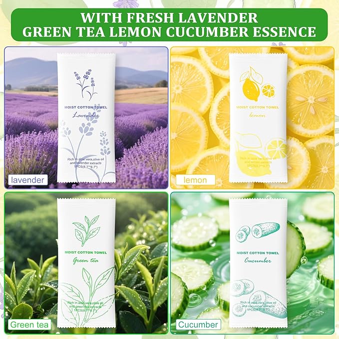 Moist Cotton Towel Bulk Moist Towelettes Individually Wrapped,White Towel Services,Refreshment Pre Moistened Towels for Dentist Travel Sport Party Hotel 240，Lavender,Green tea, Lemon and Cucumber