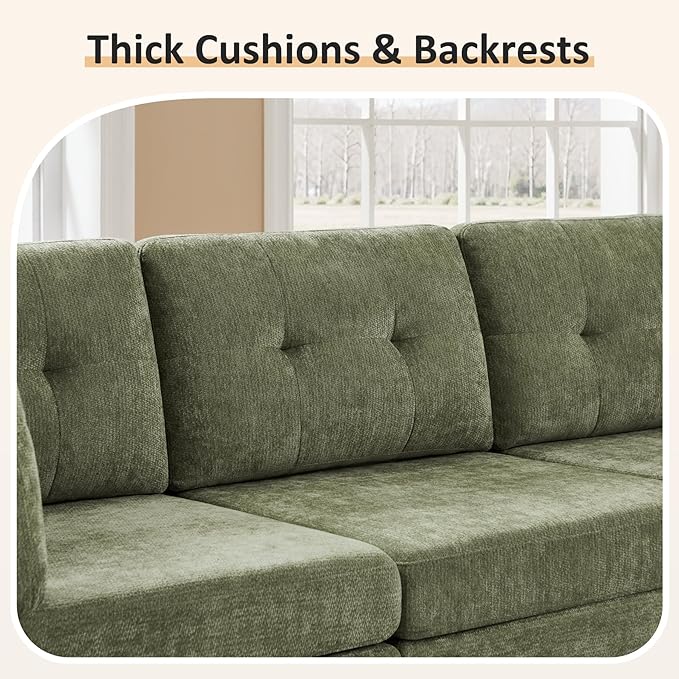 VANOMi 4 Seat Cloud Couches for Living Room with Ottoman, 118" Modular Sectional Sofas & Couches, Cozy Chenille Cloud Sectional Couch Sofa for Apartment, Office, Olive Green, L Shaped