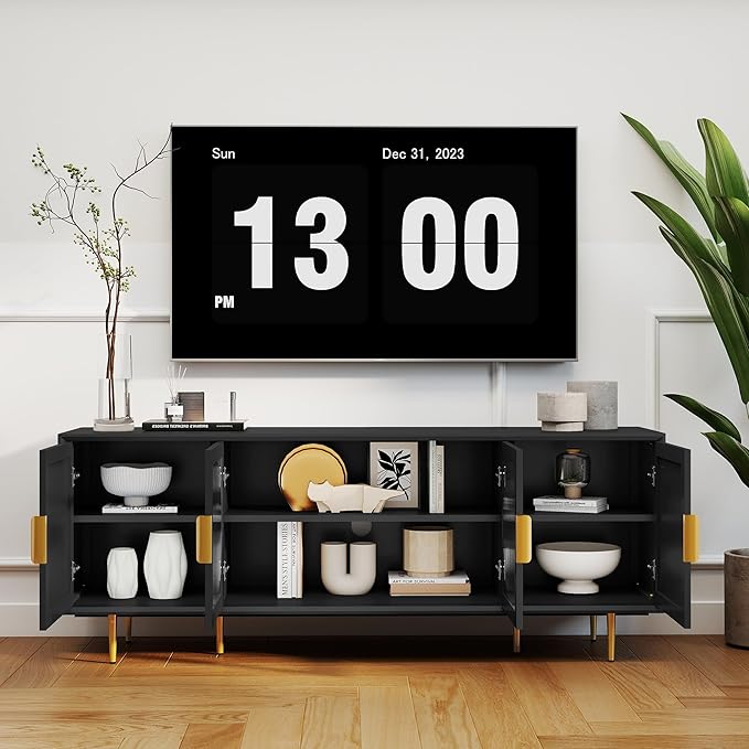 66" Modern TV Stand for TVs up to 75",TV Cabinet with Glass Door,Entertainment Center with Storage,Television Stands with Gold Legs,Media Console for Bedroom,Living Room,Black