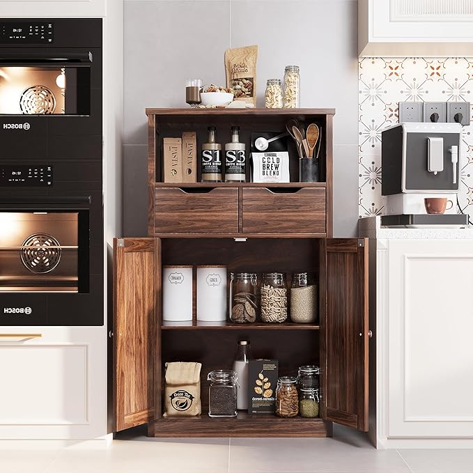 Shintenchi Floor Storage Cabinet, Bathroom Storage Organizer with Doors and Drawers, Freestanding Side Cupboard Pantry with Adjustable Shelf for Bathroom/Kitchen/Livingroom, Walnut