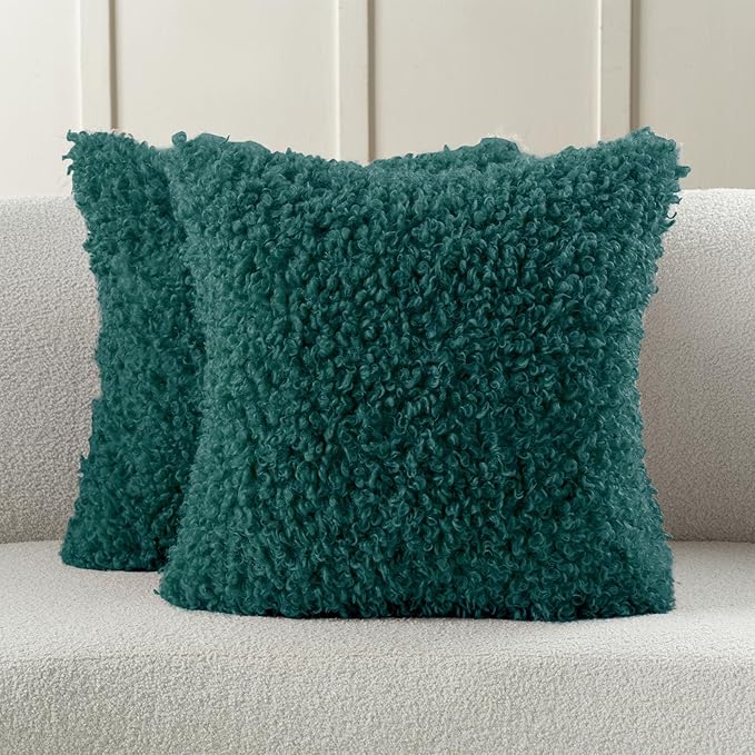 FUTEI Teal Decorative Throw Pillow Covers 22x22 Inch Set of 2,Soft Fluffy Faux Wool Fur Boucle Textured Cushion Case,Modern Home Decor for Couch Bed Living Room Office