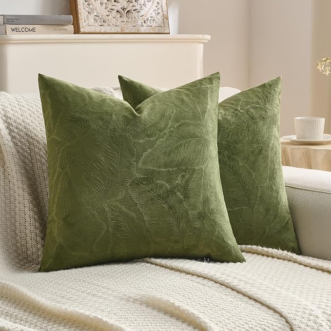 FUTEI Moss Green Velvet Throw Pillow Covers 22x22 Inch Set of 2,Soft Embossed Leaf-Relief Textured Cushion Cases,Natural Home Decor for Couch Living Room