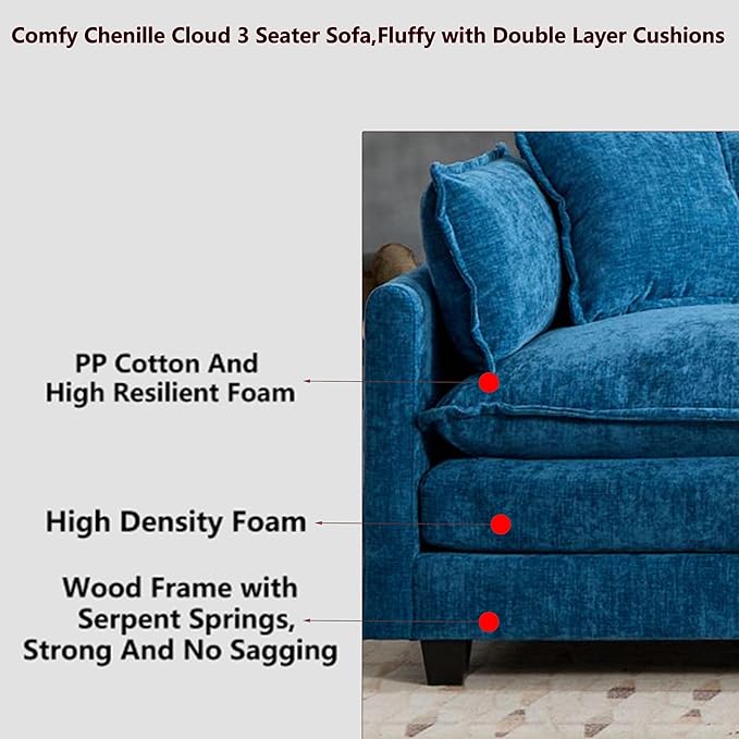 Aoowow Modular Sectional 3 Seater Cloud Sofa Couch for Living Room,Roomy Cloud Sofas with Deep Seat,Modern Chenille 3 Seat Sofas,Fluffy Cloud Couches for Bedroom,Apartment,Office (Blue, 3 Seater)