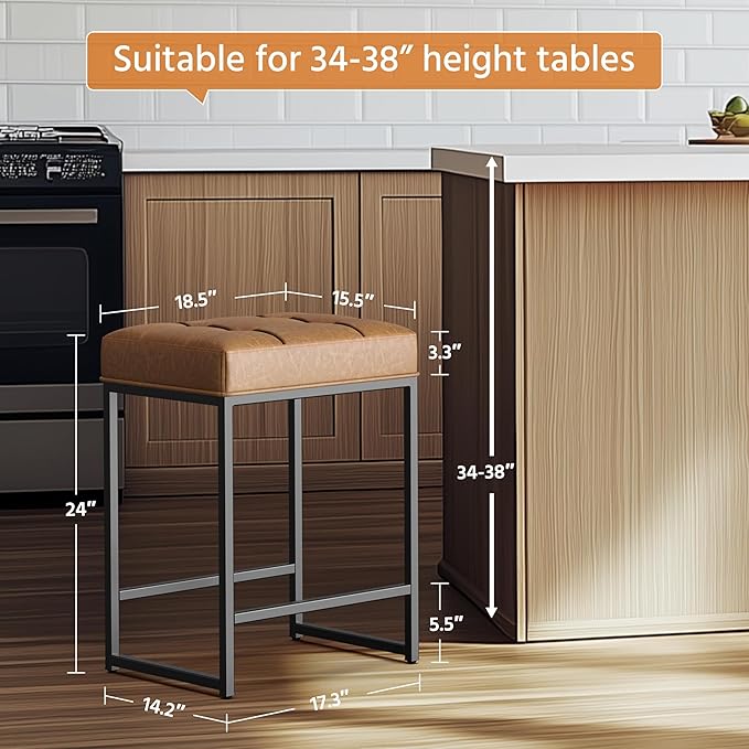 Yaheetech 24" Leather Bar Stools Set of 4, Kitchen Counter Height Bar Chairs Stools, for Kitchen Island, Dining Room, Brown
