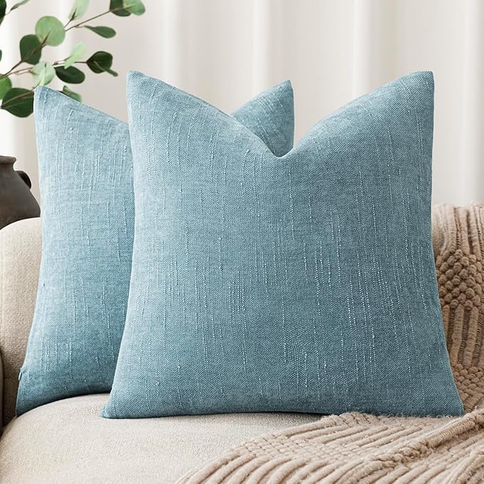 Foindtower Pack of 2 Textured Chenille Throw Decorative Pillow Covers Square Accent Solid Cushion Cover Neutral Farmhouse Pillow Case for Couch Sofa Bedroom Living Room 24x24 Inch,Light Blue