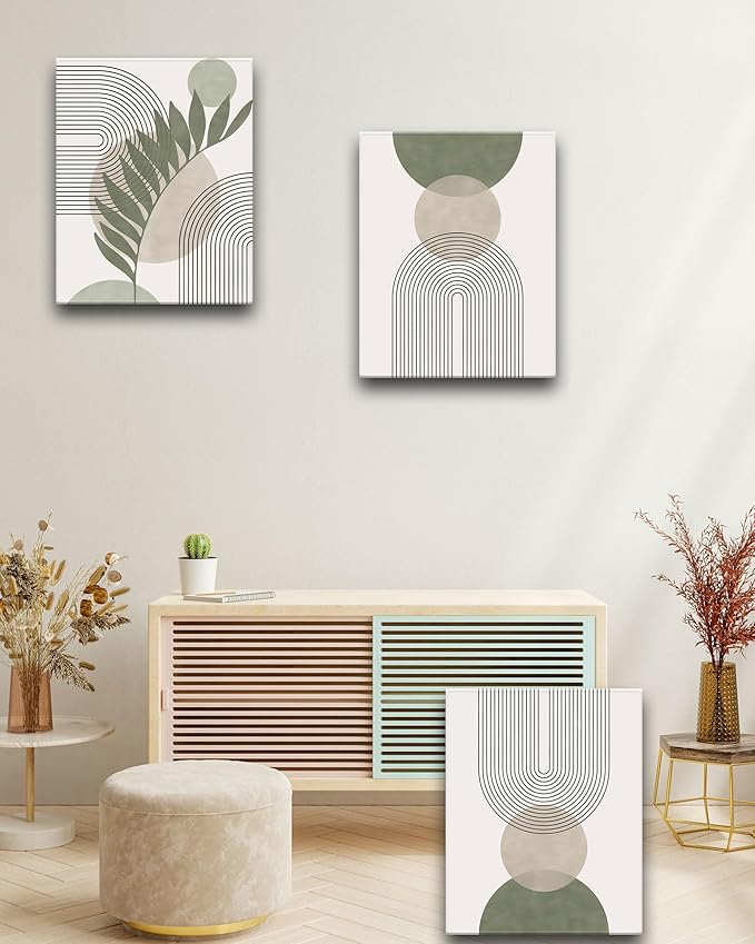 30x40CM Sage Green Boho Wall Art,Framed Canvas Bathroom Wall Art Pictures, Mid-Century Modern Wood Framed Abstract Prints for Bedroom,Minimalist Office Wall Decor 3Pack