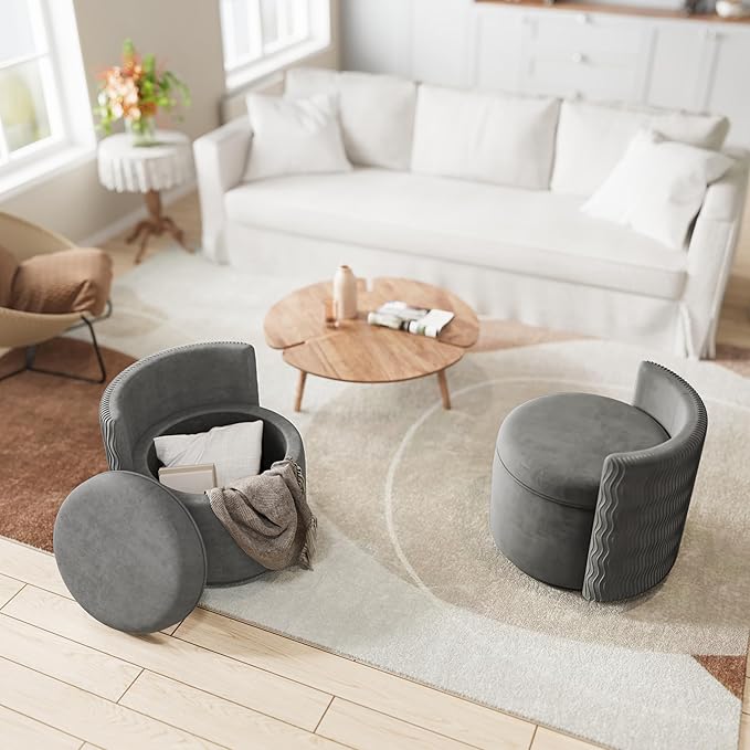 360° Swivel Accent Chair with Storage, Vanity Stool with Back, Velvet Storage Ottoman, Upholstered Round Barrel Vanity Chair for Living Room, Makeup Room, Bedroom (Gray)