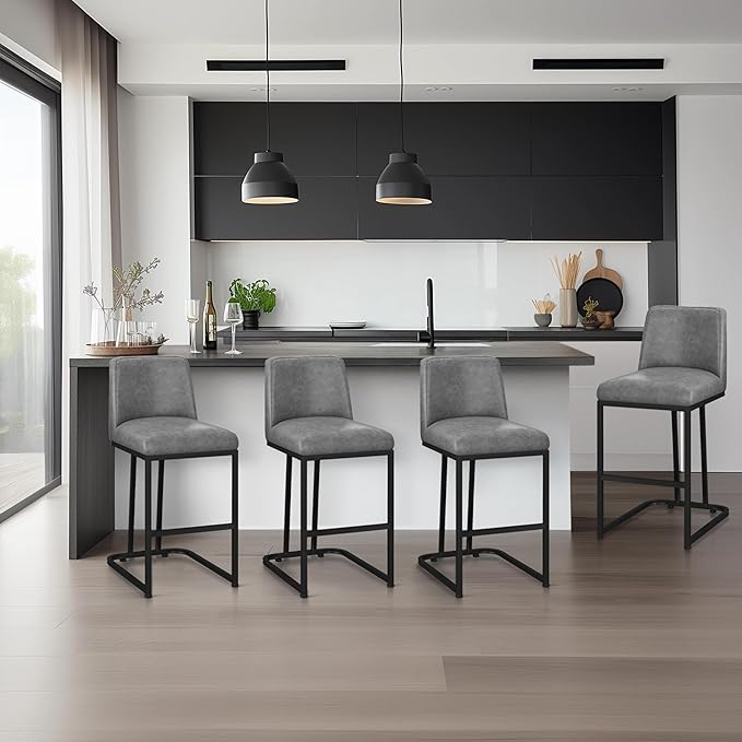 Yaheetech Counter Height Bar Stools 24'' Kitchen Bar Stools Set of 4 Upholstered Modern Island Chairs with Back and Metal Legs Farmhouse Bar Chairs for Kitchen Counter, Gray