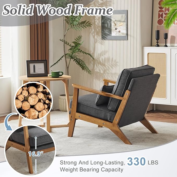 VINGLI Solid Wood Wide Armrests Accent Chair Set of 2,Upholstered Mid Century Modern Chair with Pillow,Farmhouse Arm Chair Comfy Reading Chair,Chairs Living Room,Bedroom,Guest Room,Linen Fabric,Grey